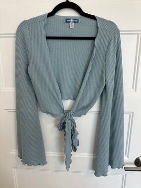 Urban Outfitters Dusty Blue Ribbed Tie-Front Top